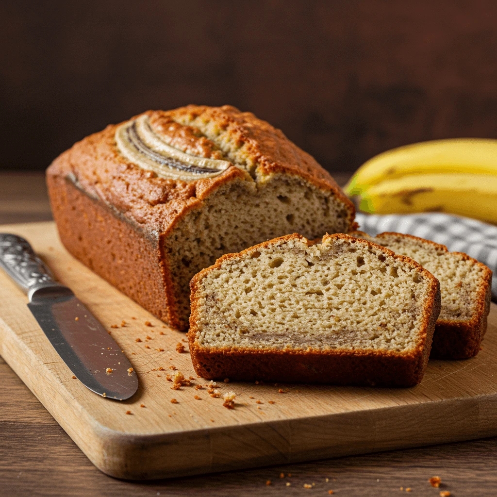 Freshly baked Banana Bread Old Fashioned on a wooden cutting board with slices revealing the moist interior.