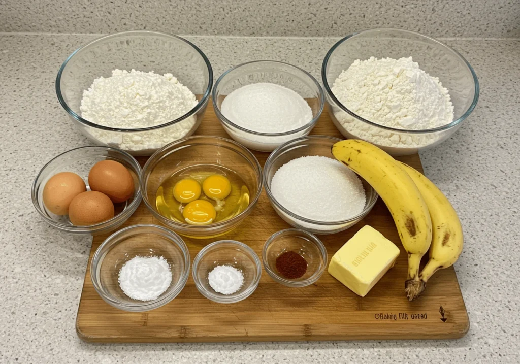 Ingredients for Banana Bread Old Fashioned, including ripe bananas, flour, sugar, butter, and eggs.