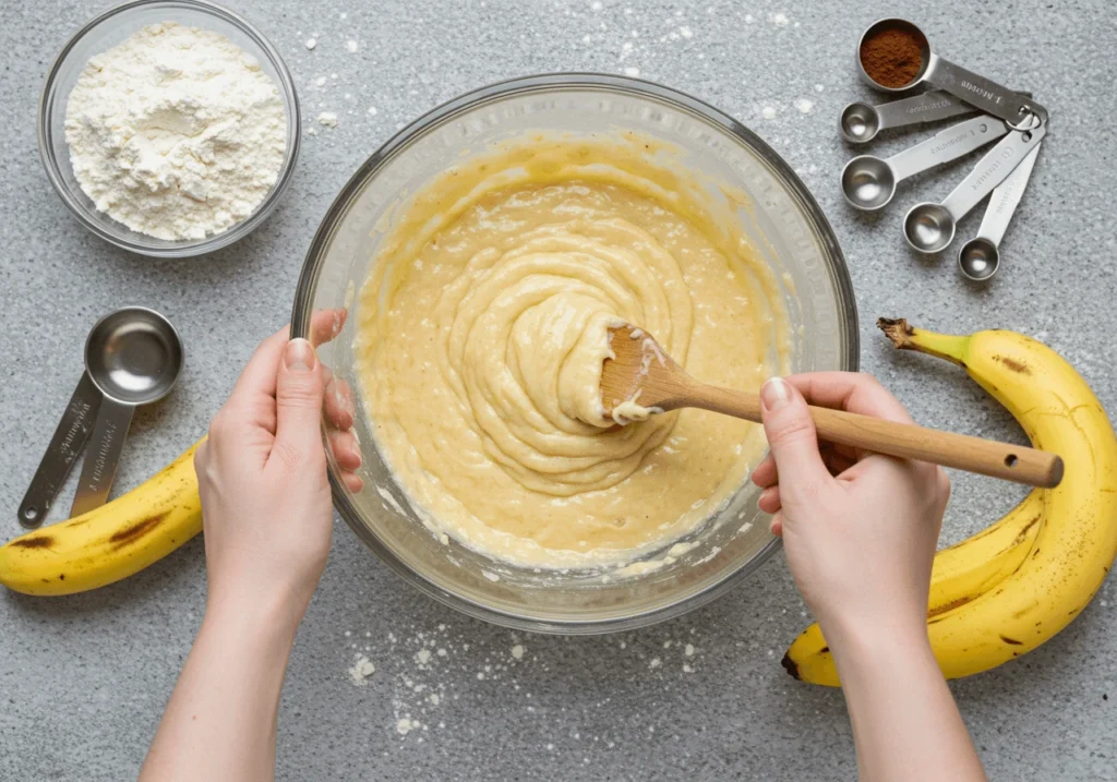 Mixing the batter for Banana Bread Old Fashioned with ingredients like ripe bananas, flour, and eggs.