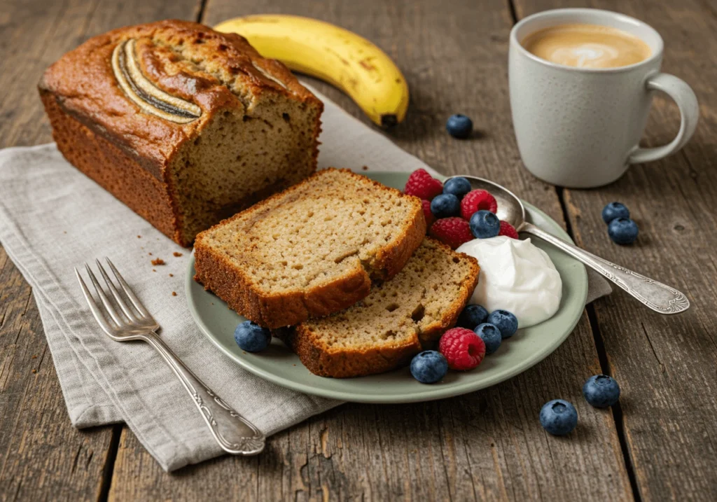 Sliced Banana Bread Old Fashioned served with fresh berries, whipped cream, and coffee.