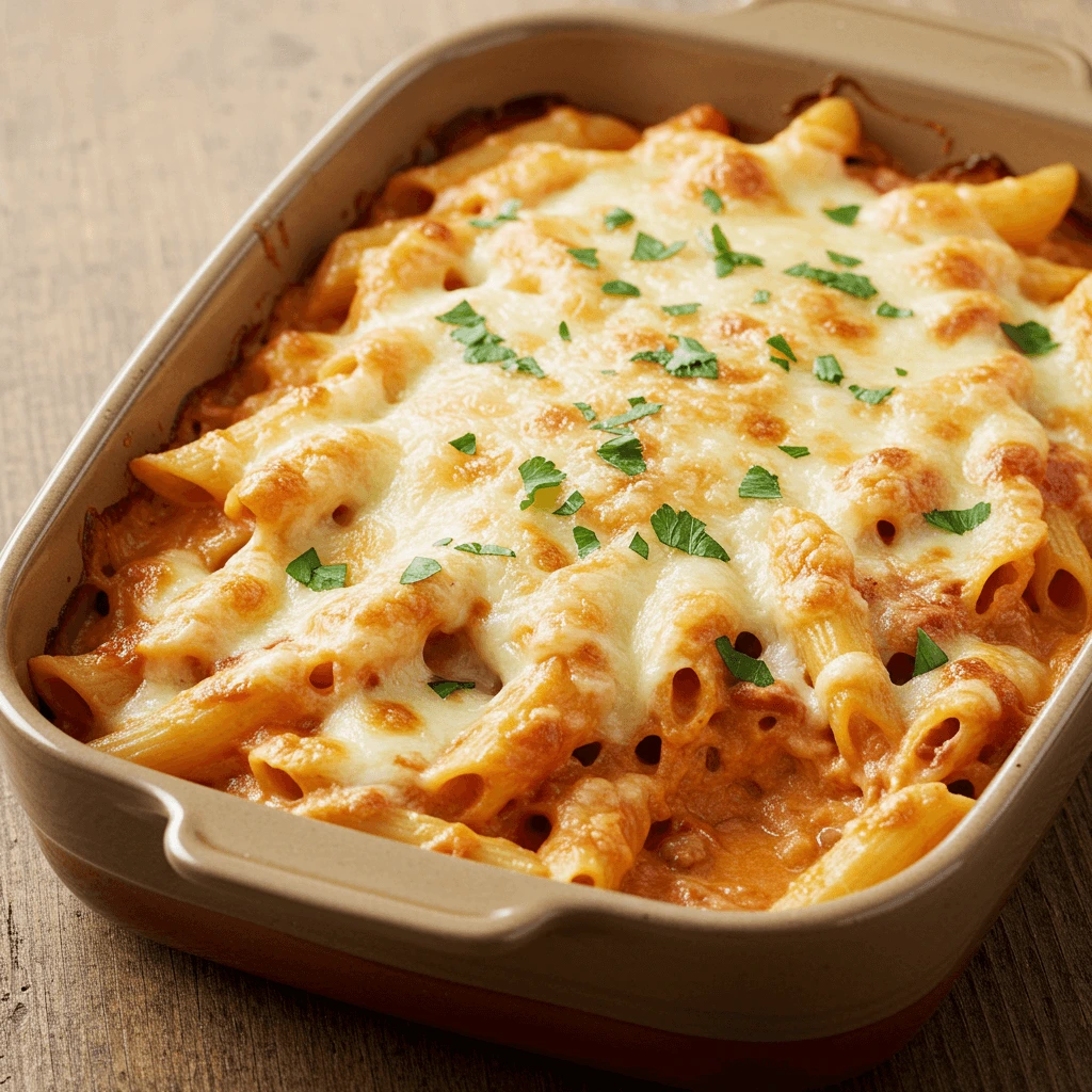 A creamy pasta bake topped with cheese and a tomate de arbol sauce.
