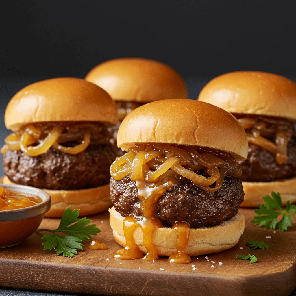 Juicy beef sliders with tomate de arbol glaze and caramelized onions on toasted buns.
