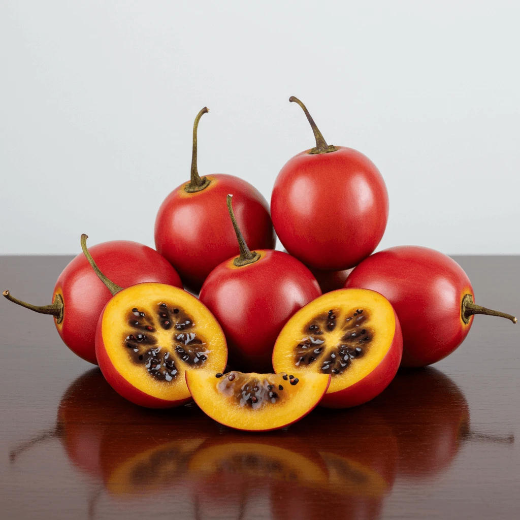 Fresh, ripe tomate de arbol (tamarillo) on a rustic wooden table.