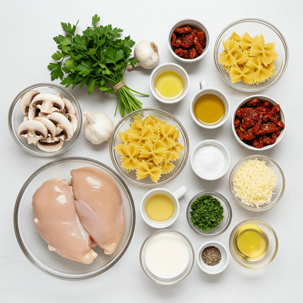 Flat lay of ingredients for roasted garlic chicken farfalle pasta, including raw chicken breasts, farfalle pasta, mushrooms, bacon, sun-dried tomatoes, garlic, cream, cheese, herbs, wine, and parsley.