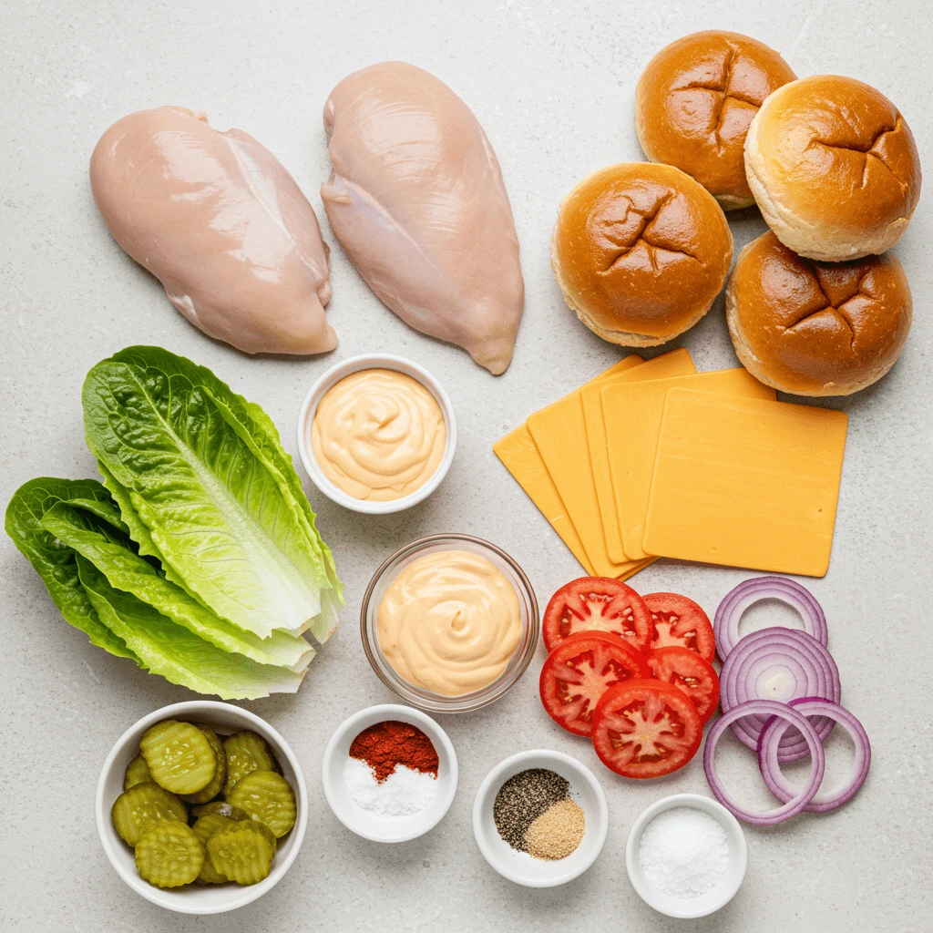Ingredients for chipotle chicken sandwich including raw chicken breast, chipotle mayo, cheddar cheese, brioche buns, lettuce, tomato, red onion, and pickles