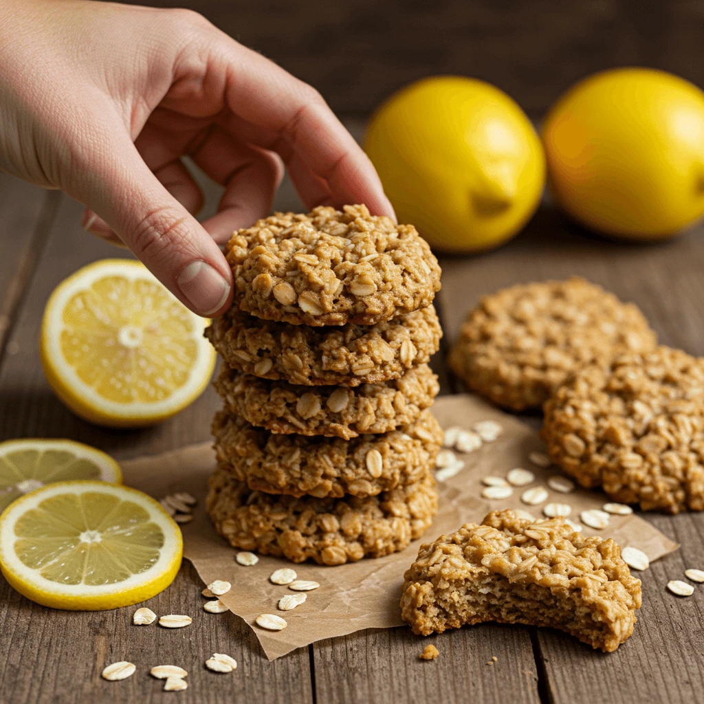 Hand reaching for a lemon oatmeal no bake cookie from a stack, surrounded by lemon slices and oats.