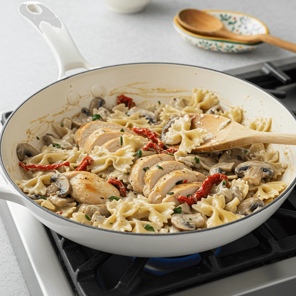 Roasted garlic chicken farfalle pasta cooking in a white skillet on a stovetop with steam rising and a wooden spoon resting in the pan.