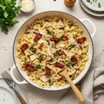 Creamy roasted garlic chicken farfalle pasta with sun-dried tomatoes, mushrooms, and parsley in a white skillet.