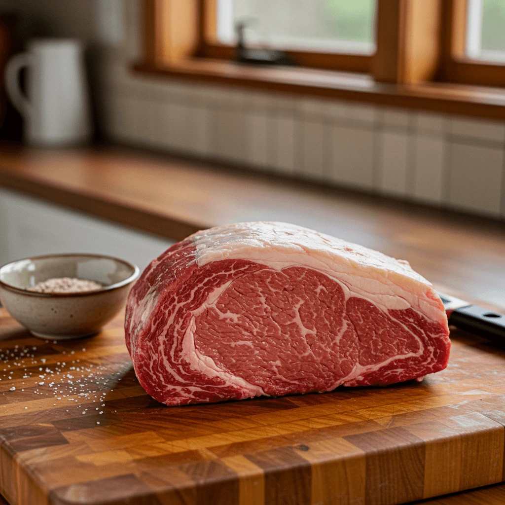 Raw Pikes Peak roast on a cutting board in a home kitchen.