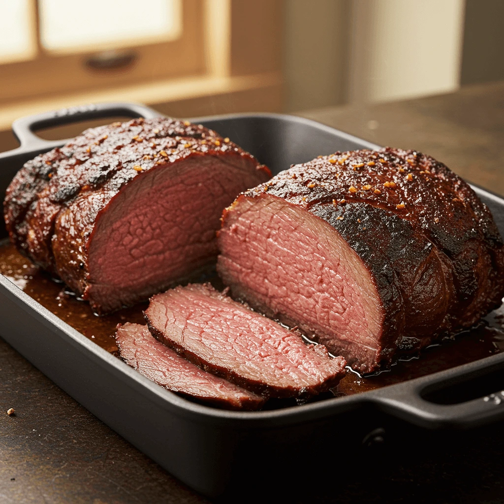 Classic oven-roasted Pikes Peak beef roast sliced and resting in its juices.
