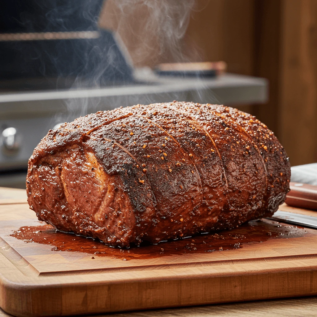 Mouth-watering Spicy BBQ Pikes Peak beef roast sliced and served on a wooden platter.