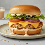 Chipotle chicken sandwich with grilled chicken breast, cheddar cheese, lettuce, tomato, pickles, and red onion on a toasted brioche bun