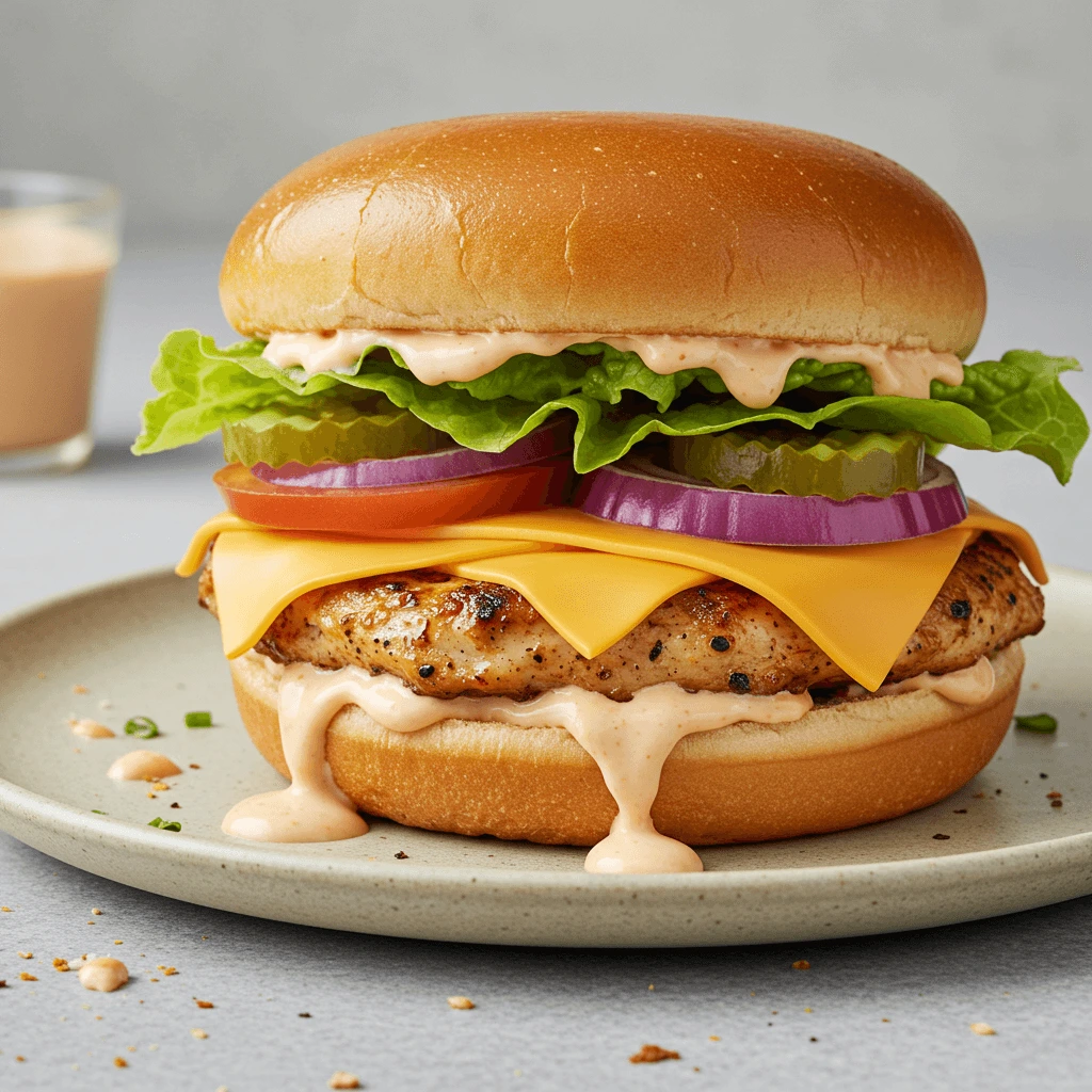 Chipotle chicken sandwich with grilled chicken breast, cheddar cheese, lettuce, tomato, pickles, and red onion on a toasted brioche bun